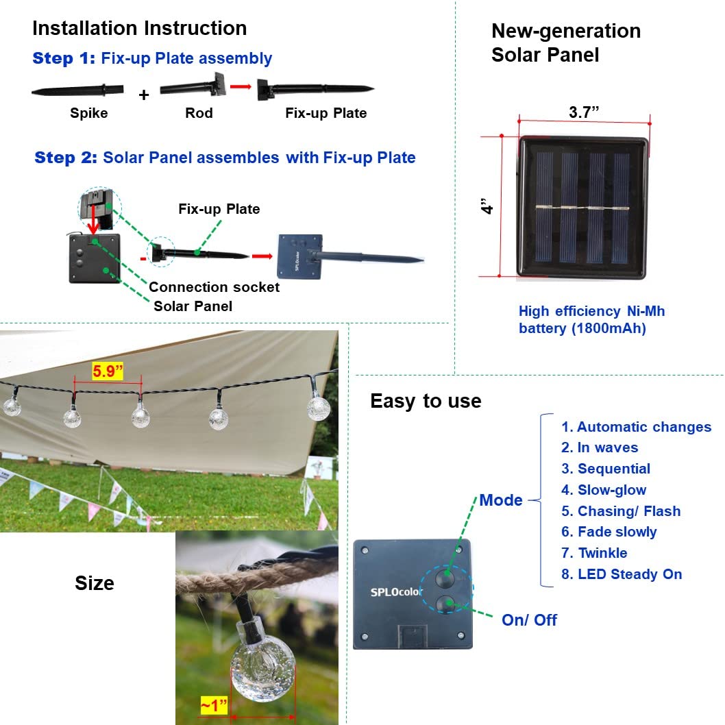 Solar-Lichterkette, 6 m, 30 LEDs, 8 Modi, Solar-Lichterkette, wasserdicht, Globe, für draußen, Hinterhof, Terrasse, Urlaub, Garten, Hochzeit, Party, Weihnachtsdekoration Mehrfarbig