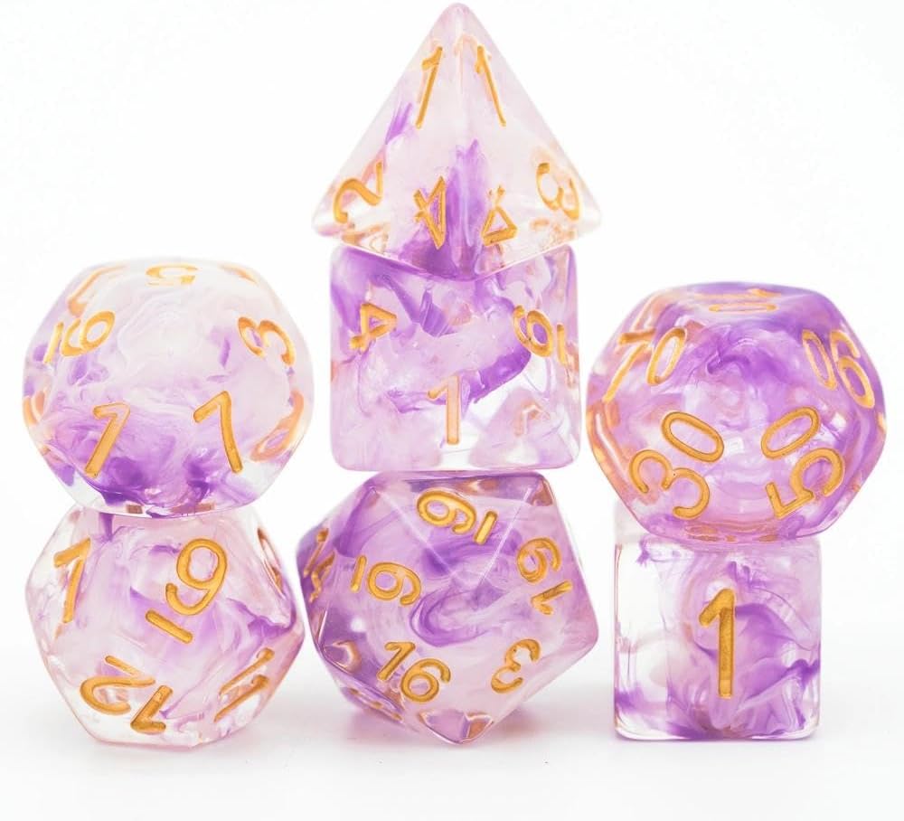UDIXI DND Dice Set 7PCS Resin Polyhedral D&D Dice, Purple & White Wispy Smoke Strands with Velvet Bag for Role Playing Games
