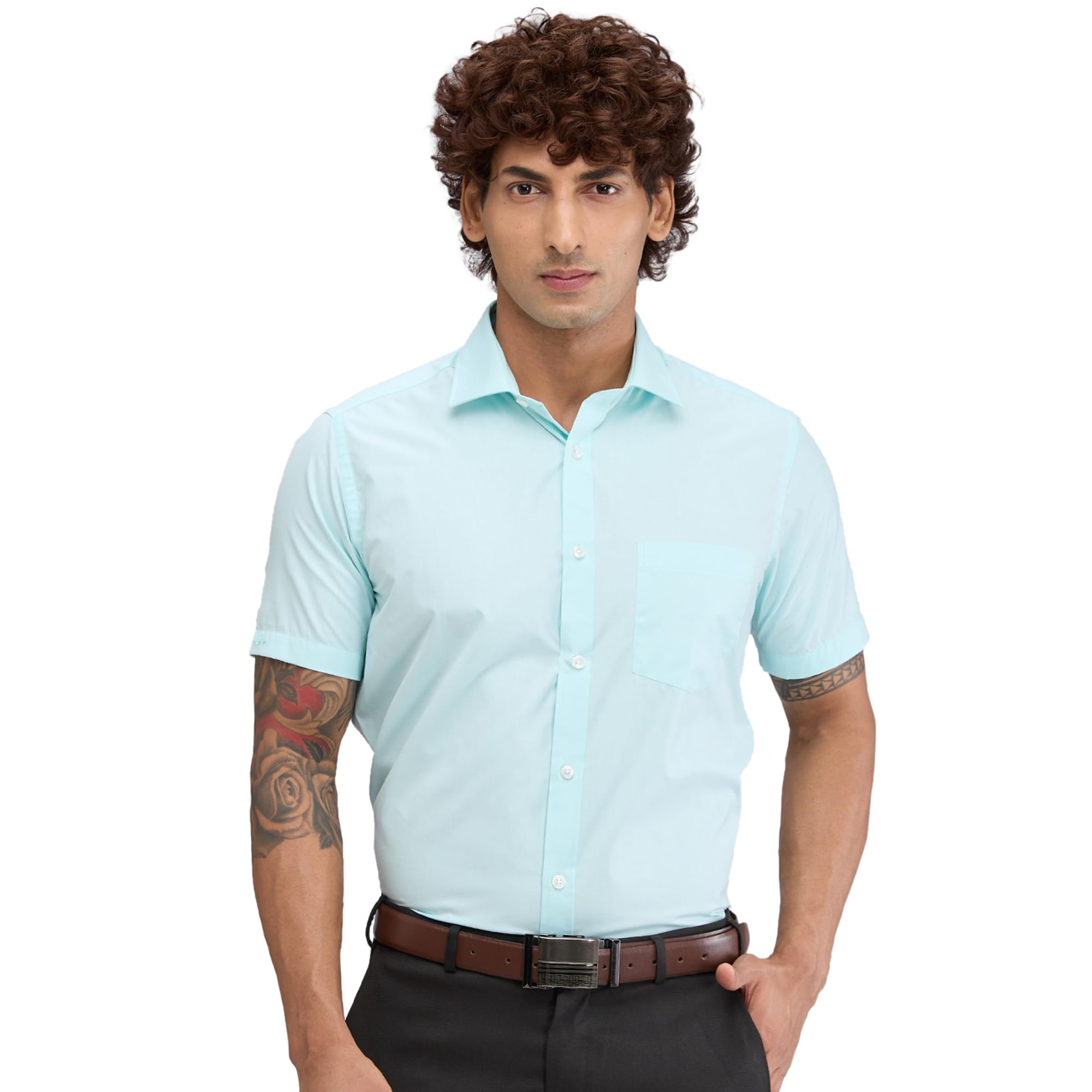 park avenue Men's Regular Fit Plain Poly Cotton Blend Semi Cutaway Collar Half Sleeve Formal Shirt (Size: 42)-PMSL11917-N6 Dark Green-picture-12