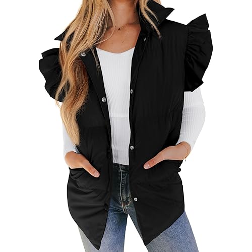 Womens Ruffle Sleeve Quilted Puffer Vest Button Down Puffy Bubble Jackets 2023 Trendy Lightweight Sleeveless Winter Outwear