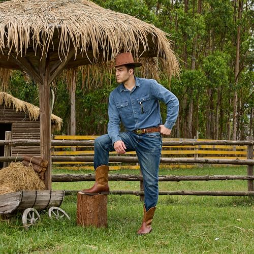 Image of IUV Cowboy Boots For Men Western Ostrich Wide Embroidered Pull On Boots | Durable & slip-resistant pull-on boots, Fashionable embroidered design, Vintage style for men, stylish for casual.