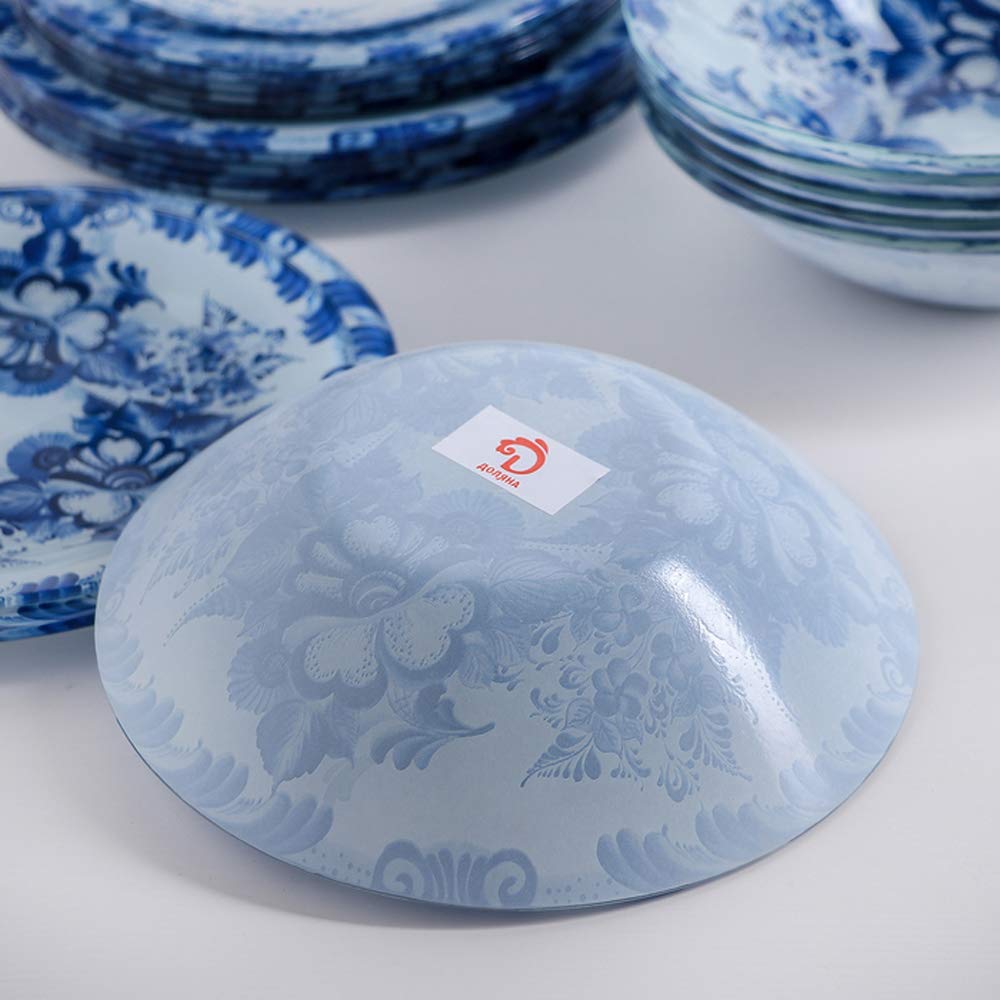 Gschel - Vajilla de 19 piezas de vidrio opal | Vajilla con diseño floral blanco y azul para 6 personas | Resistente a los golpes y microondas