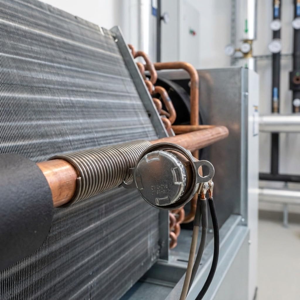 Termostato a pastiglia per fan coil con flangia NA 27–35°C chiusura 39–45°C