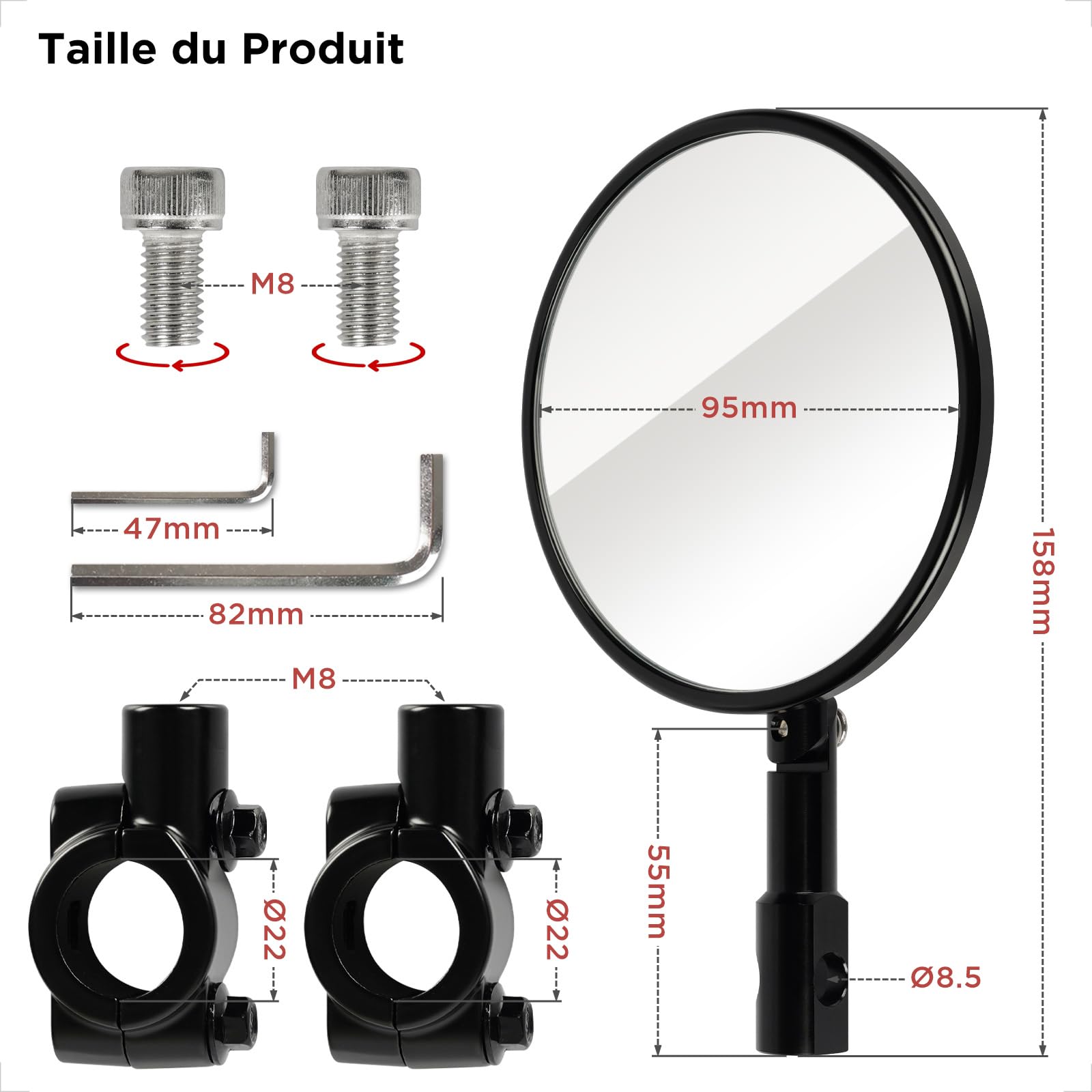 Evermotor Rétroviseur moto, Homologation E24, Rétroviseurs de guidon moto ajustables à 360°, Aluminium, Rond pour Scooters, ATVs, Mopeds, 2 pcs | 2 pièces réglables à 360° en aluminium pour Ø 22 mm et M8 rond pour scooter, ATV, cyclomoteur