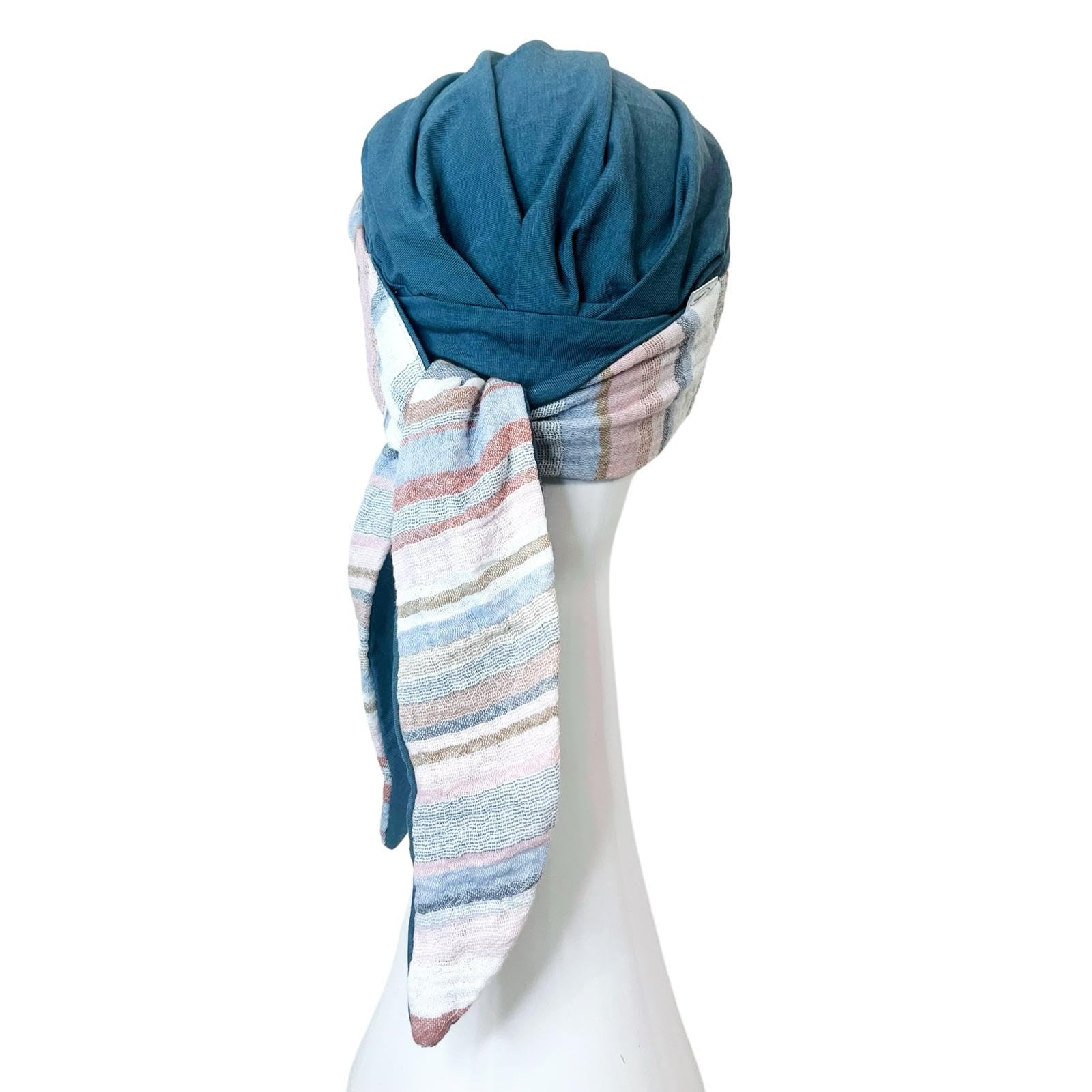 CAREBELL pañuelo oncológico modelo Smooth – diseño Mediterráneo Acero en bambú suave y transpirable, especial para quimioterapia, alopecia y pieles sensibles, hecho a mano en España