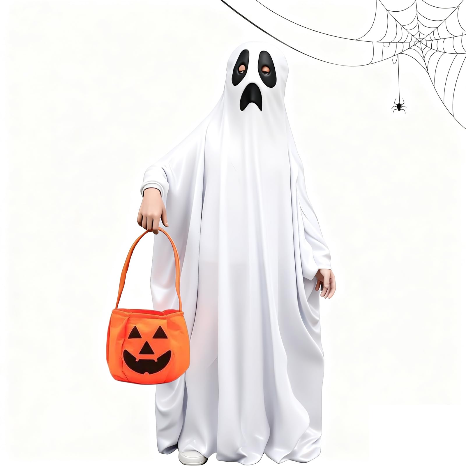 Ghost Costume Kids Halloween Costumes for Kids and Pumpkin Candy Bag, White ghost face costumes Halloween, Ideal for Childrens Parties & Trick-or-Treat Activities