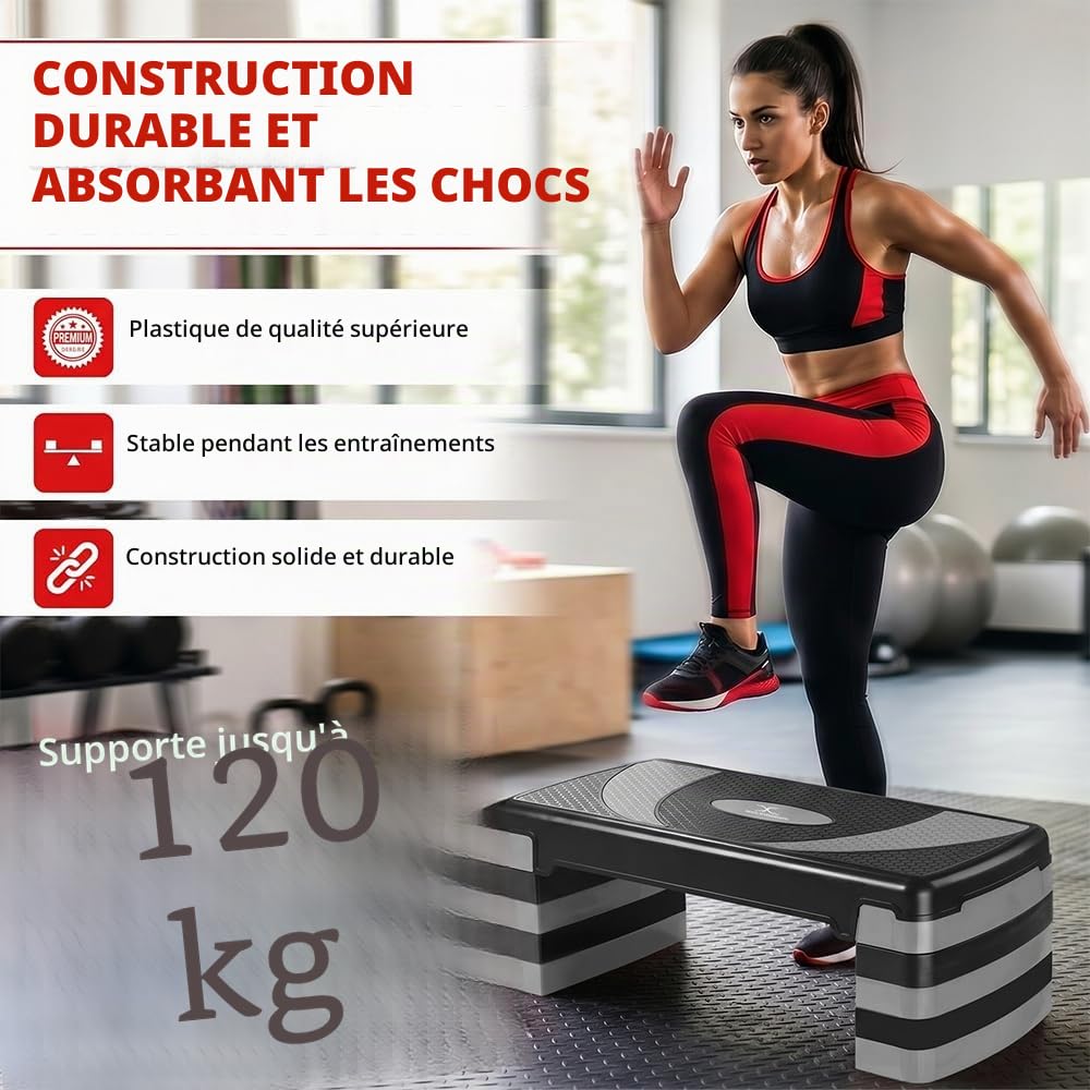 Stepper d'exercice aérobic avec 5 niveaux réglables (10/15/20/25/30 cm), cardio, poids, yoga, entraînement d'exercice, planche à pas, antidérapant pour maison/gym/bureau, routine, fitness,
