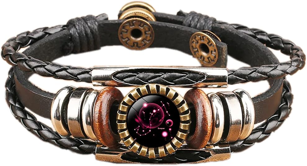 COLORFUL BLING 12 Zodiac Constellation Bracelets Leather Multilayer Braided Rope Crystal Glass Hand Woven Cuff for Women Men Punk Rock Jewelry-Scorpio