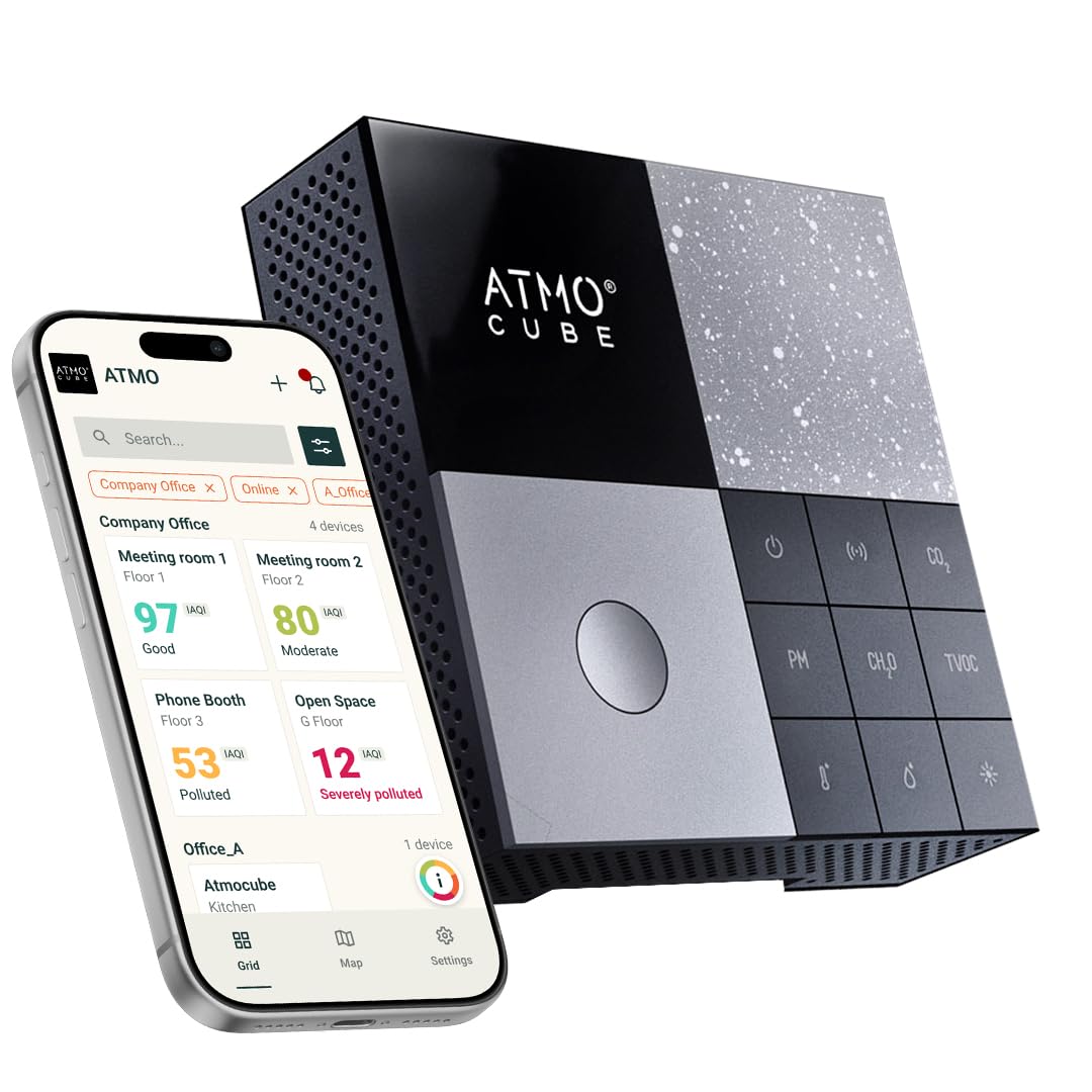 Photo 1 of Atmocube Professional 12-in-1 Indoor Air Quality Monitor – CO2, PM2.5, Formaldehyde (CH2O), TVOCs, NOx, Noise & Light Sensor – Wi-Fi, Ethernet & PoE Connectivity – Real-Time Smart Cloud Dashboard