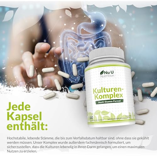 Kulturen Komplex Probiotika Darmsanierung - 180 Kapseln - 6 Monate Vorrat - Hochdosierte BacterienKulturen mit Lactobacillus Acidophilus & Bifidobacterium - Nu U Nutrition