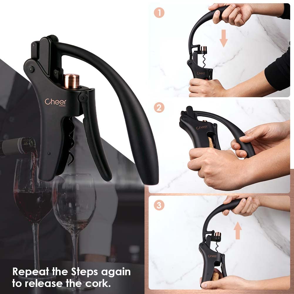 CHEER MODA Leva Screwpull – Cavatappi verticale compatto professionale, elegante apribottiglie Shaduf Screwpull per vino, rimozione manuale del tappo del vino con tagliacapsule rimovibile e spirale