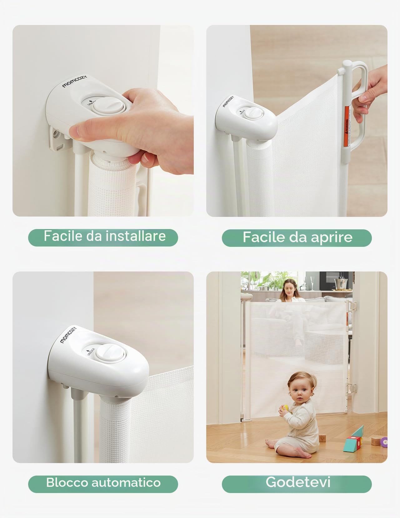 Momcozy Barriera Sicurezza, Blocco Auto, Retrattile, Bianco, 140 cm | Bambino, Scala, Cane, Una Mano, Corridoio, Cucina, Interno, Esterno