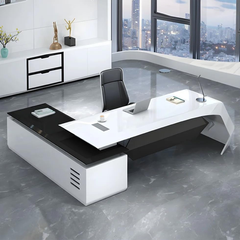 Image of Lakdi The Furniture Co Director & Executive L-Shape Office Table Luxury Desk Made in MDF with Side Unit Drawer and Storage Wire Manager & CPU Storage - White - LDL-619