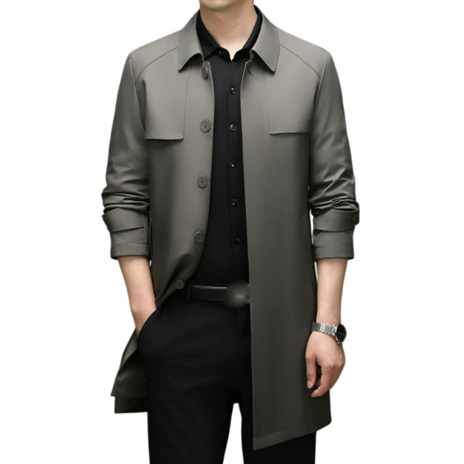 Trench décontracté homme mi-long kaki avec col à revers classique