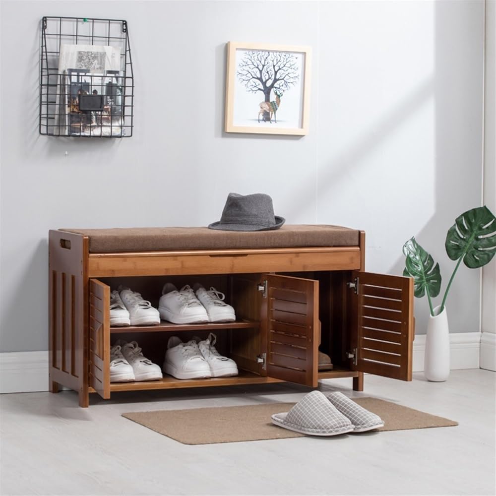 LMYSXAOZ Bamboo Shoe Storage Bench with Cushioned Seat, Stylish Entryway Cabinet & Rack, Large Hallway Organizer Doors for Efficient Footwear