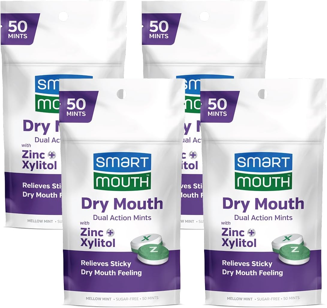 Dry Mouth Dual-Action Mints - Sugar-Free Mints for Dry Mouth Support - With Zinc & Xylitol - Travel-Friendly Packaging for On-the-Go Oral Care - Mellow Mint - 50 Count, 4-Pack