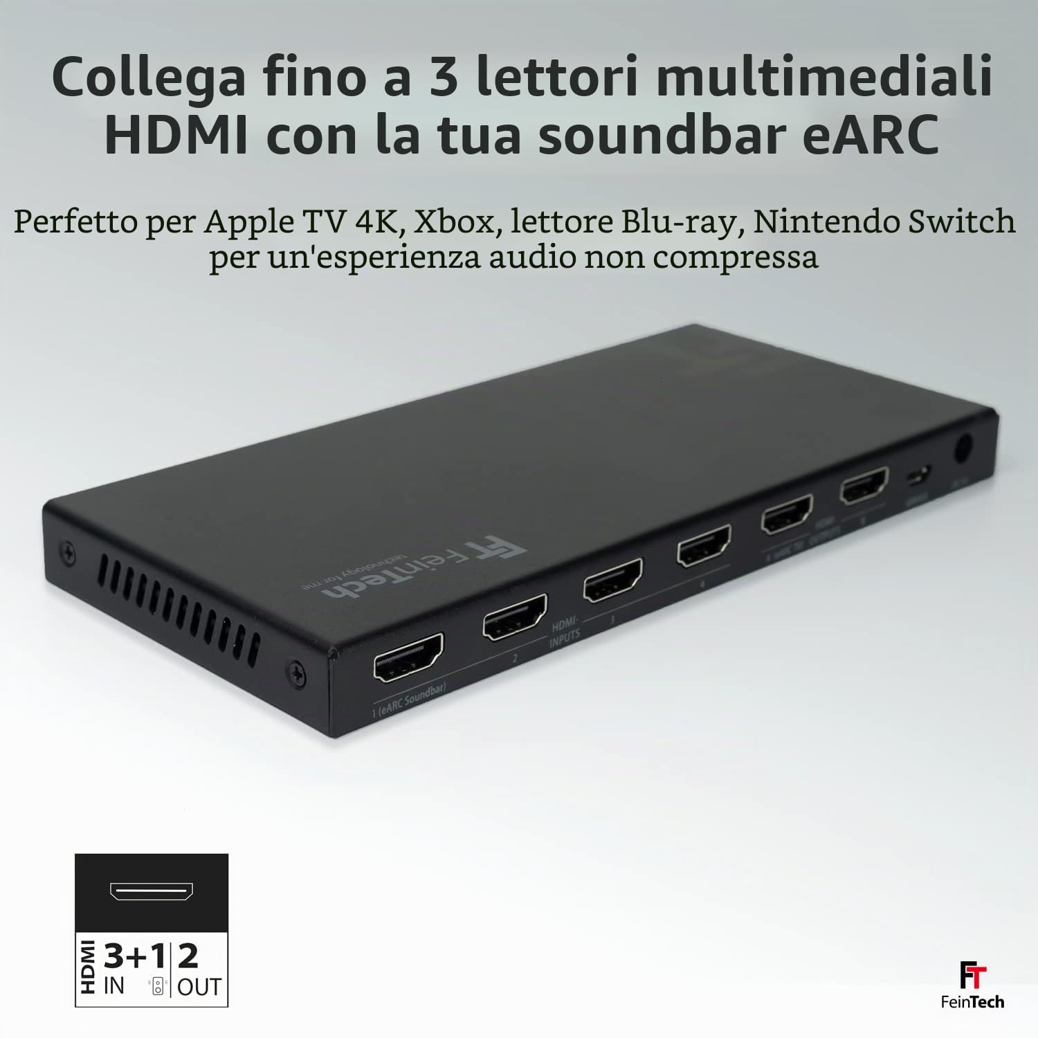 FeinTech VAX04201 HDMI eARC Pass Matrix Switch 4x2 per soundbar e 2 display 4K 60Hz Dolby Vision Atmos
