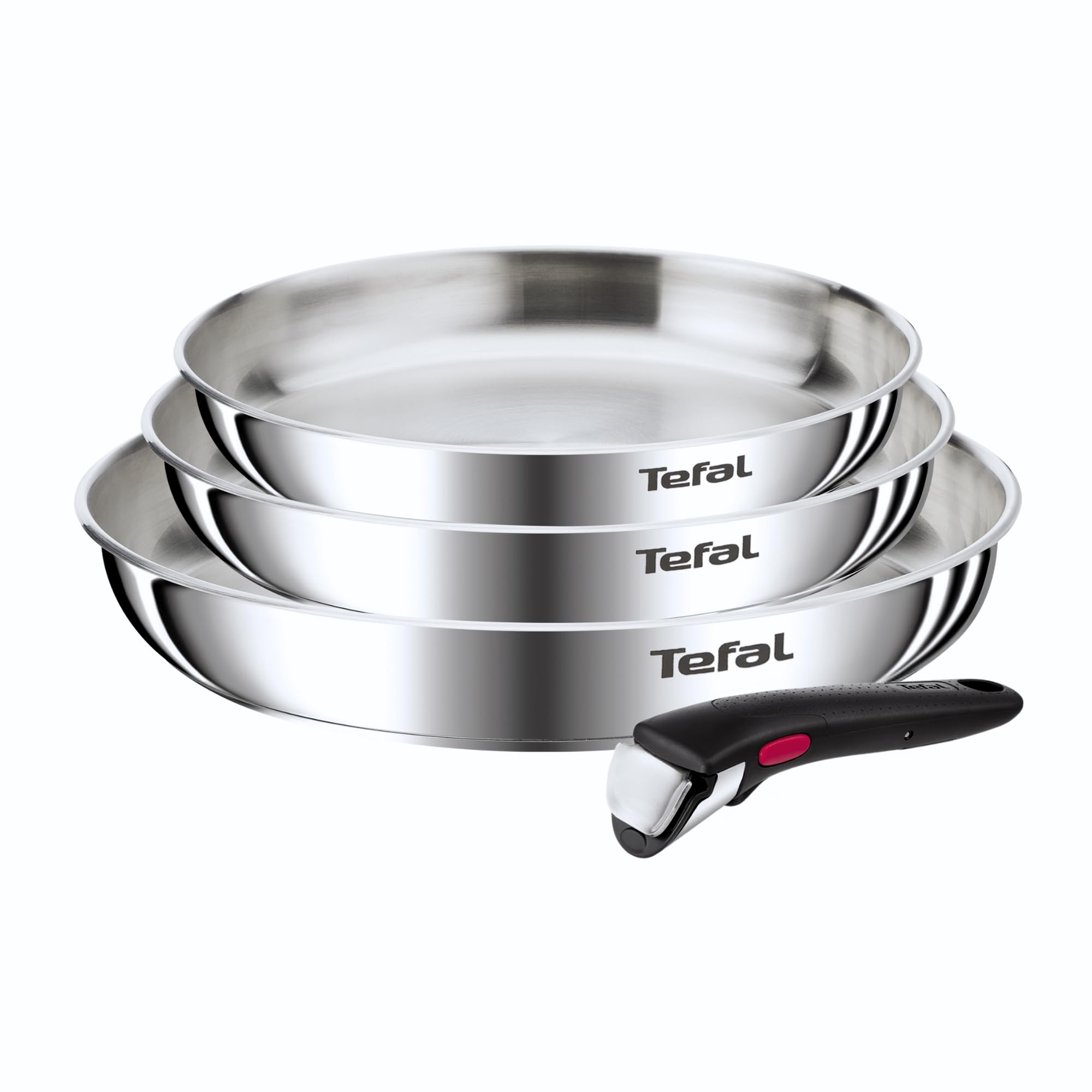 Tefal Ingenio Emotion - Juego de 3 sartenes 22/24/28 cm + Mango Extraíble, Acero Inoxidable, Sin Revestimiento, Apto inducción, horno y lavavajillas