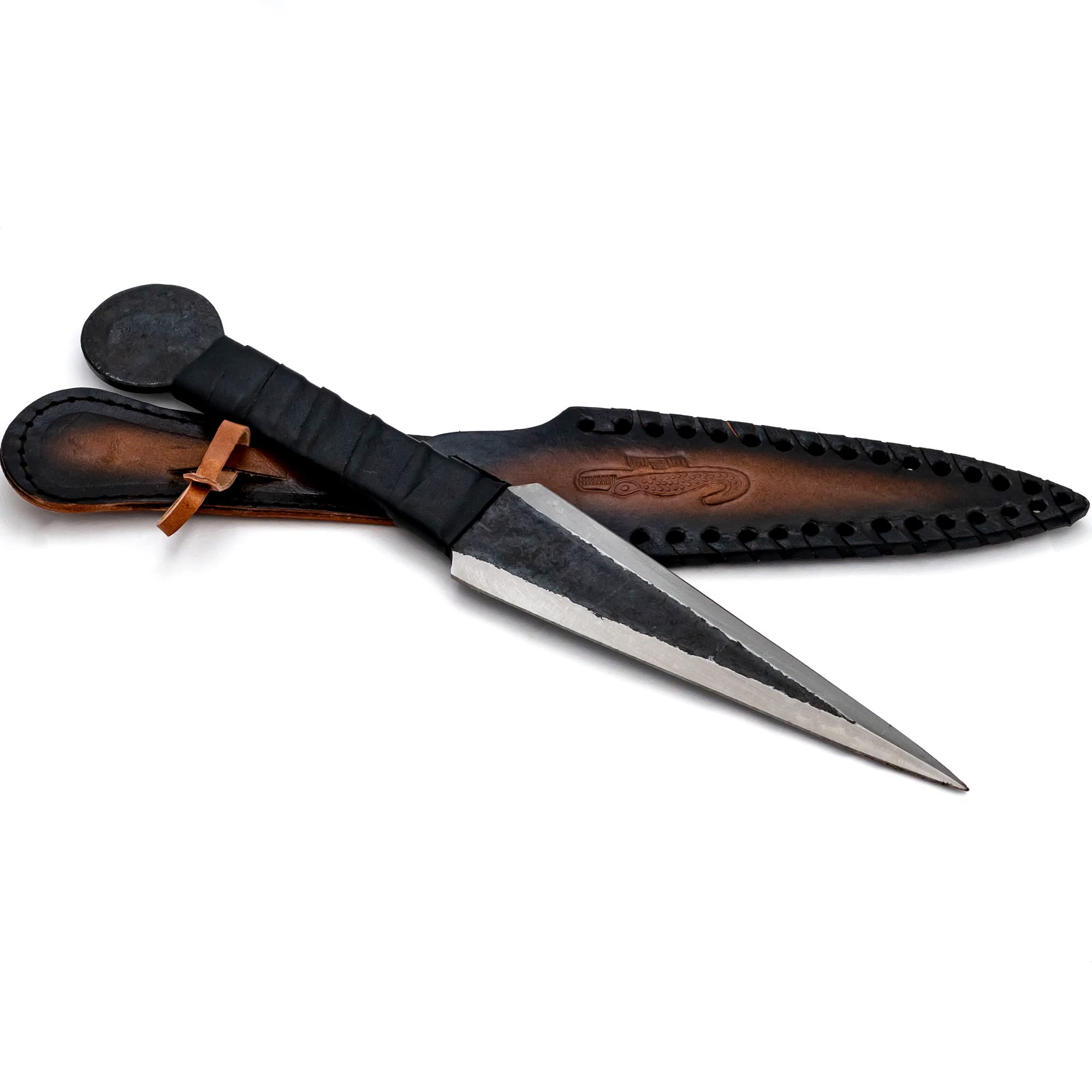 Soaring Heights Dagger Knife | Forged Carbon Steel Medieval Viking Style Throwing Knife with Hand Tooled Leather Sheath