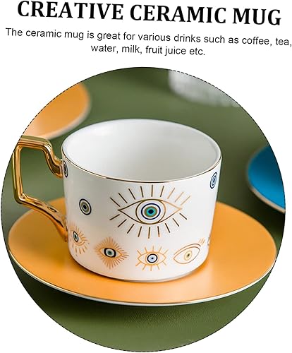 Miniatura 9 de DOITOOL Juego de tazas de café de cerámica de mal de ojo, elegante platillo de taza de café con leche versátil para oficina en casa y restaurante