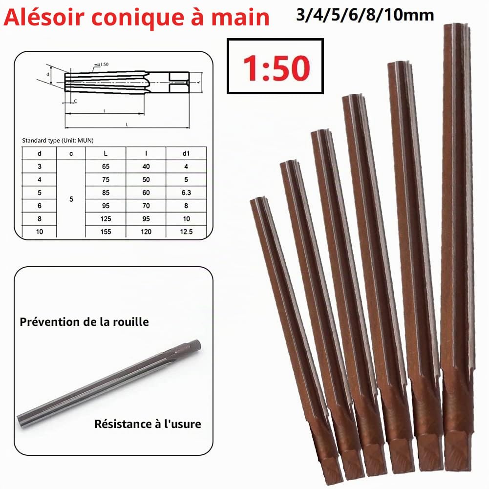 SPORTARC Lot de 6 alésoirs coniques 1:50 degrés coniques pointus manuel 3/4/5/6/8/10 mm, alésoir conique morse