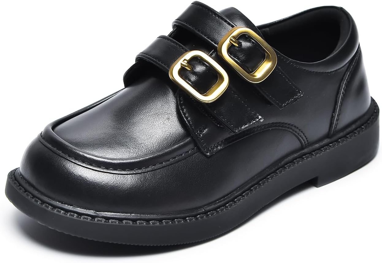 Timeless Double Monk Strap Loafers for Kids, Black Formal Loafers with Gold Buckle Accent, Perfect for School & Special Occasions