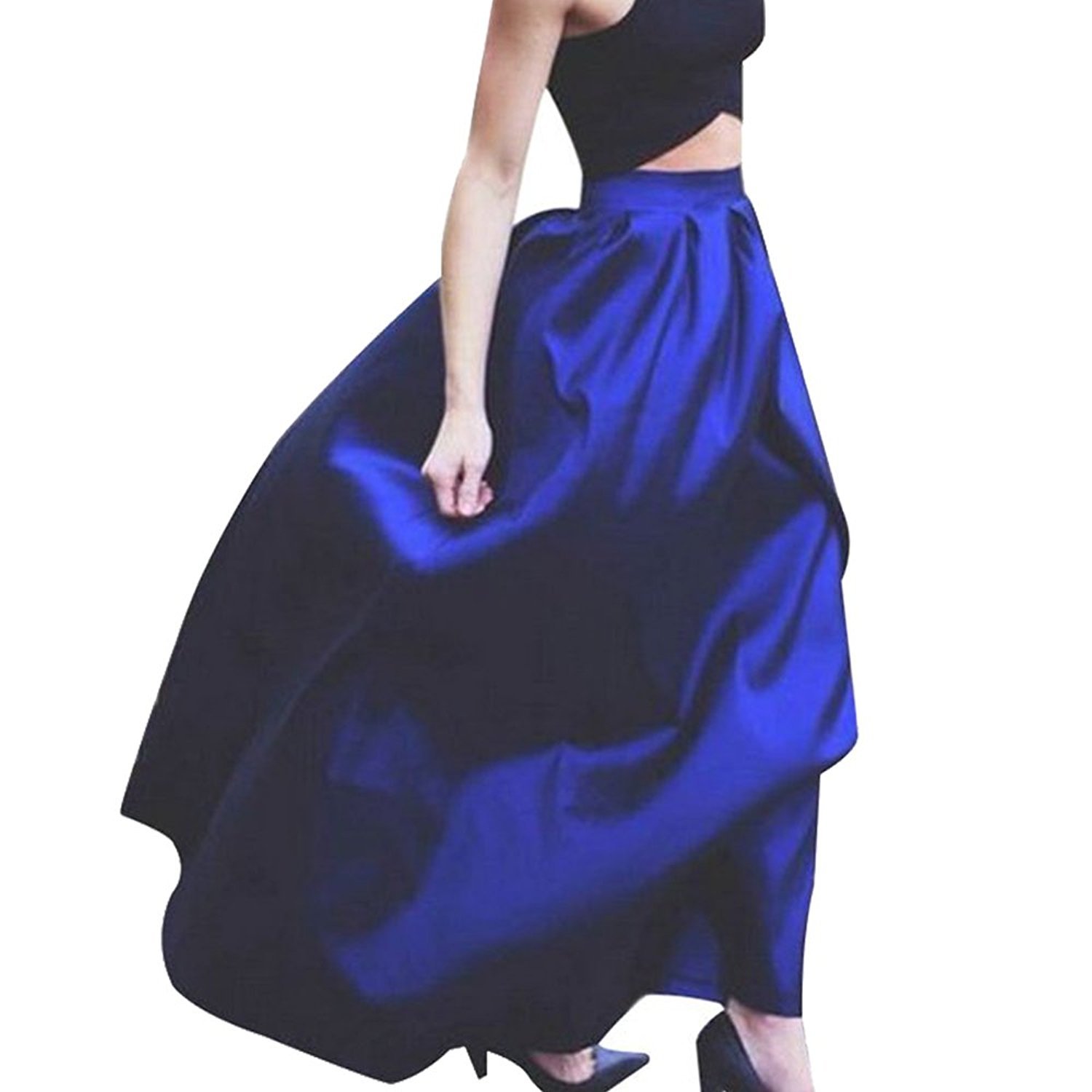 Women's High Waisted A line Pleated Full Maxi Ball Gown Skirt (XL, Blue#)