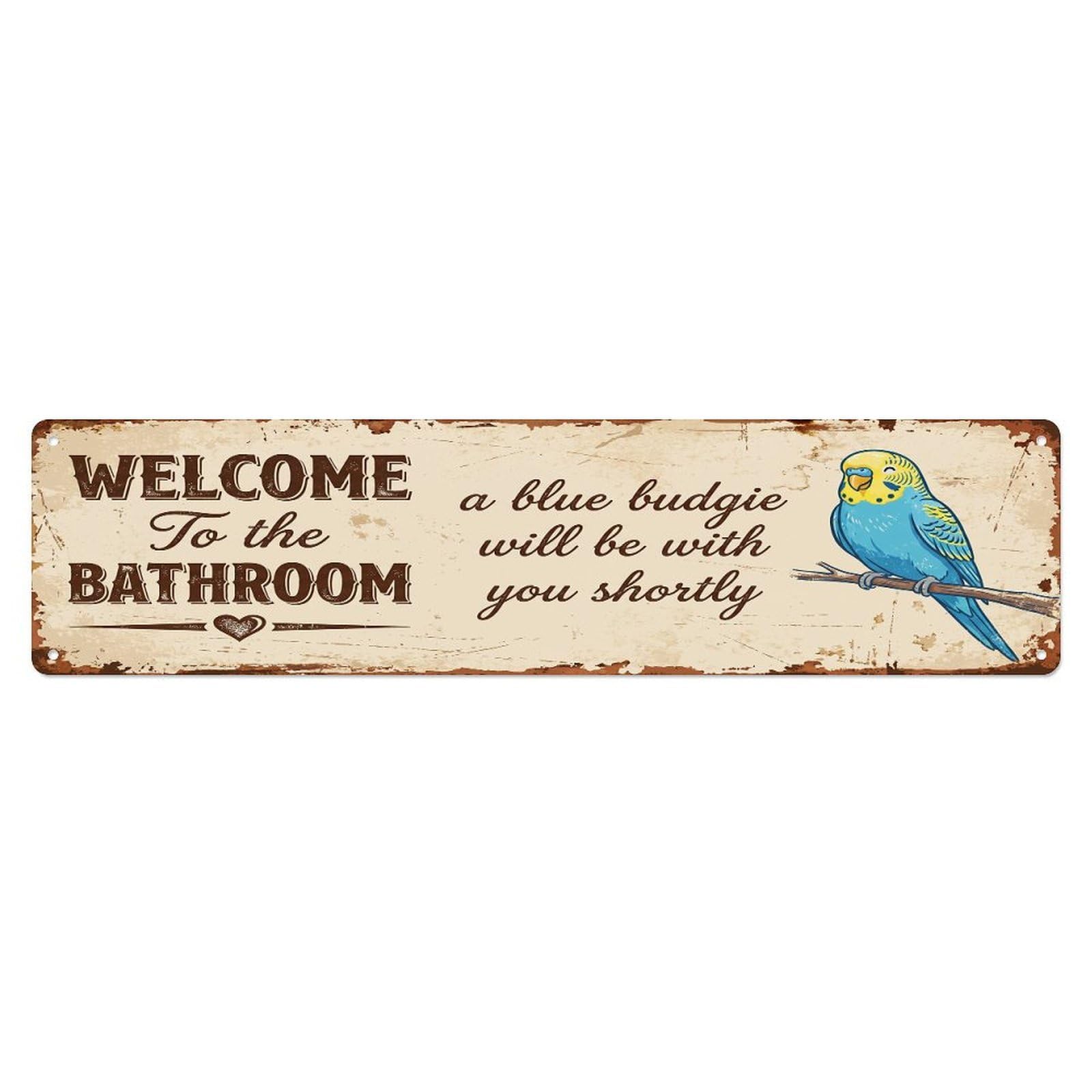 Vintage WELCOME To The BATHROOM Blue Budgie Bird Banner Metal Tin Sign