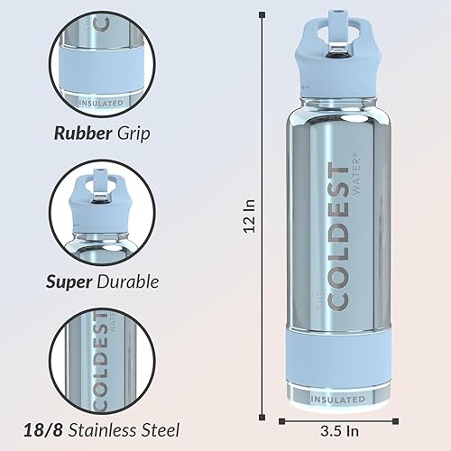 Miniatura 92 de Coldest - Botella de agua deportiva con tapa con popote y asa, a prueba de fugas, de acero inoxidable con aislamiento al vacío de doble pared,