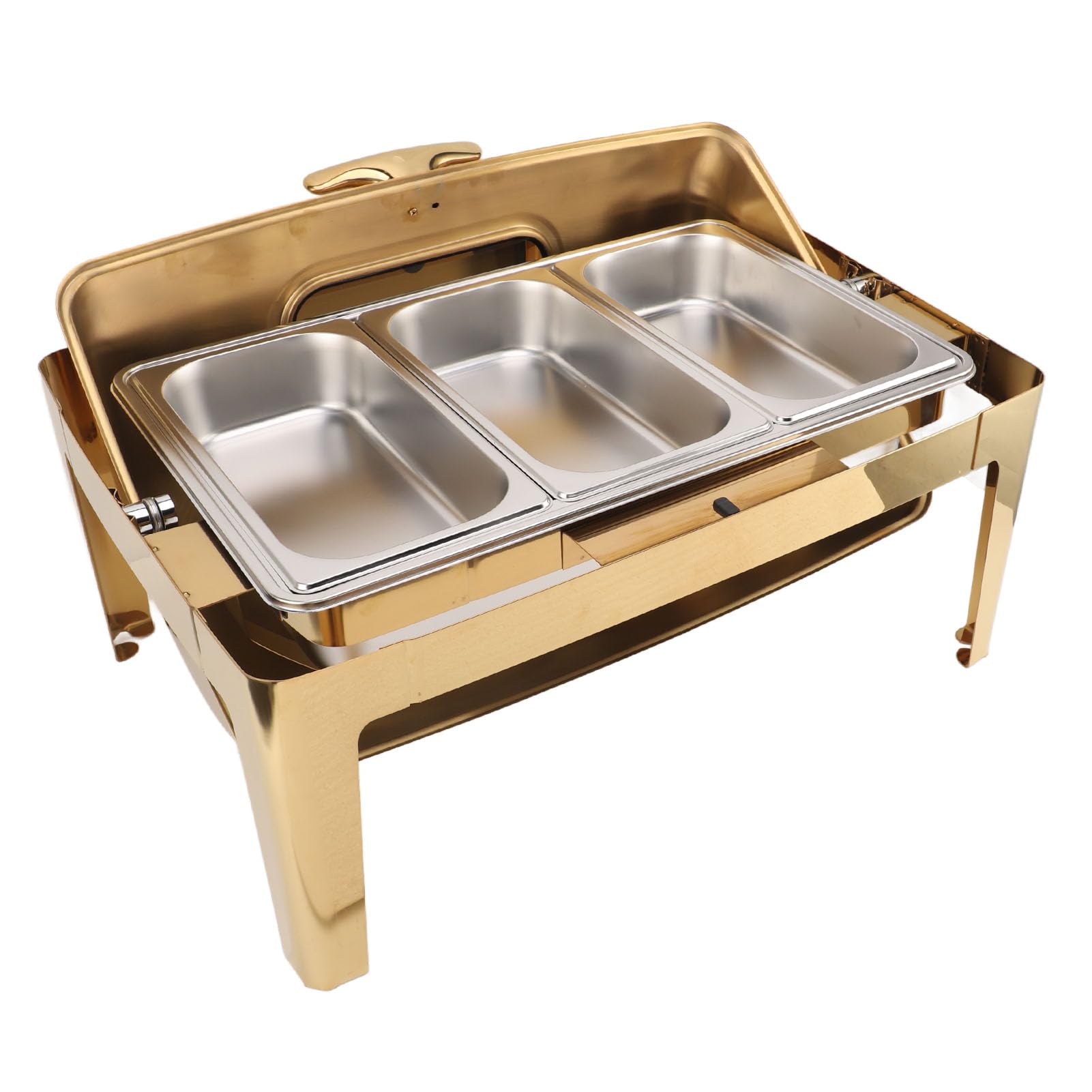 Chafing Dish - para buffet de acero inoxidable, 9 L, buffet, hostelería, calentador de alimentos, tapa de cristal transparente, calentador de alcohol, rectangular (3 compartimentos #16)
