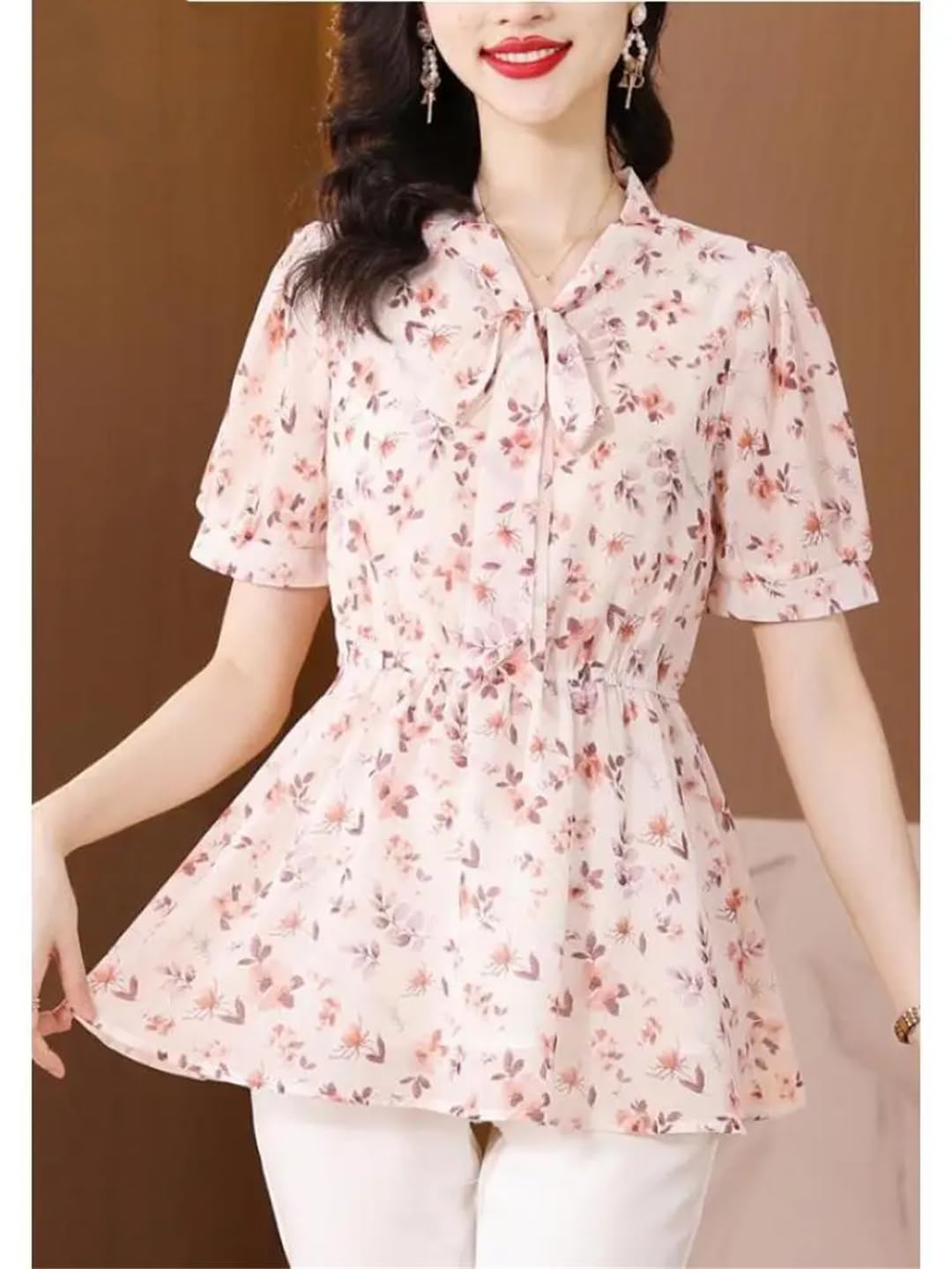 Camicette estive da donna con coulisse in vita e fiocco con stampa floreale