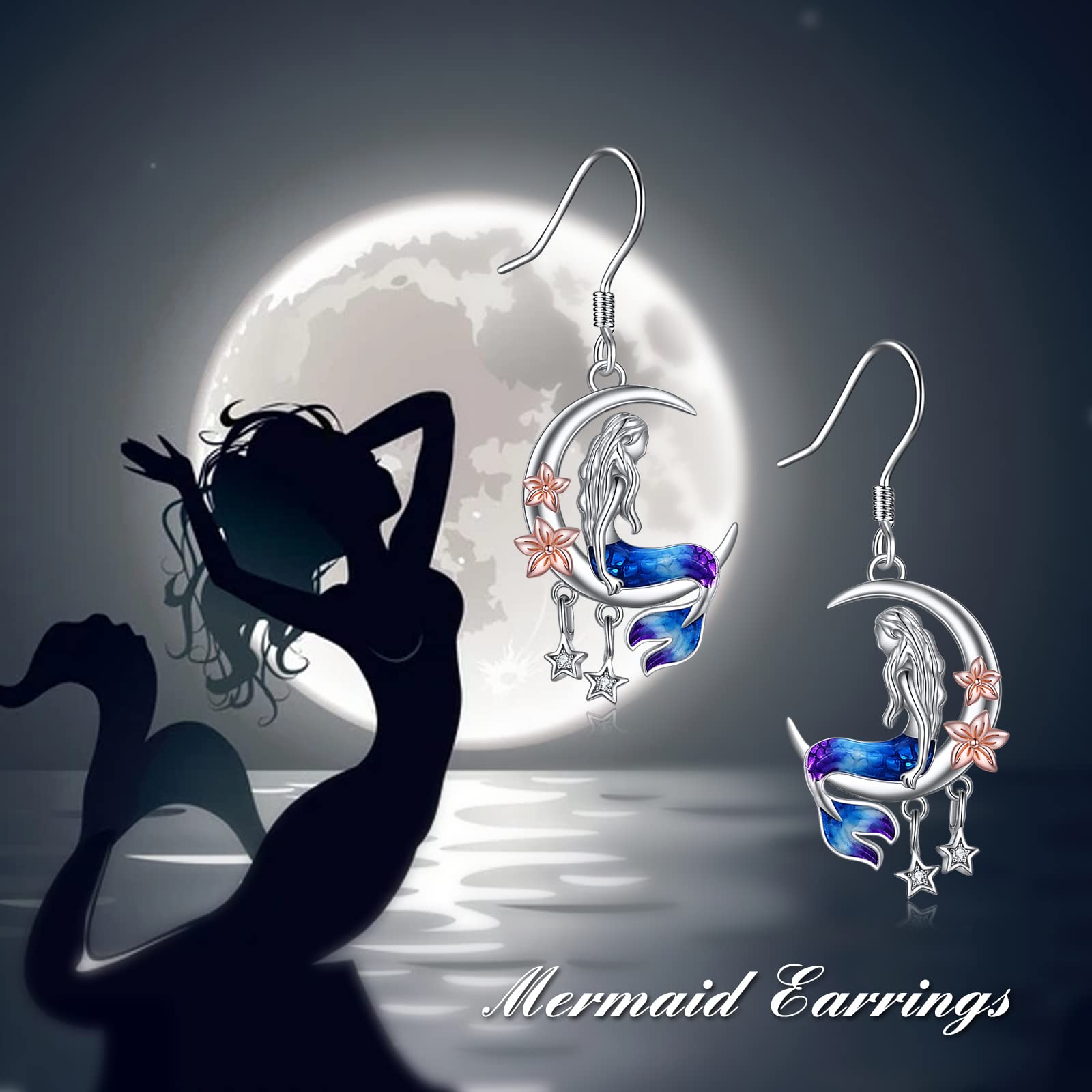 Orecchini a sirena Regali Orecchini a mezzaluna e stella con sirena di mare in argento sterling con fiori Regali di compleanno Gioielli per ragazze Figlia Signore