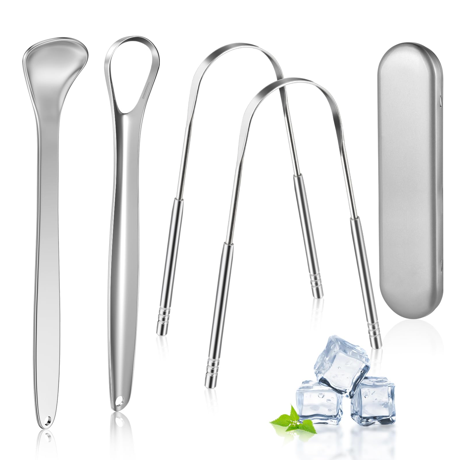 MORGLES Tongue Scraper Cleaner, Stainless Steel Tongue Cleaners Tongue Scrapers for Adults Reduce Bad Breath Tongue Brush Dental Kit with Case (4 Pack)