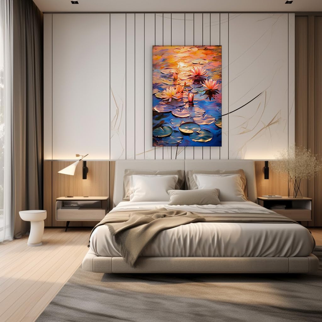 Canvas for Living room. Serene Blossoms at Sunset: Reflecting Nature's Palette on a Tranquil Pond, 27 x 18 inch Canvas Wall Art - Contemporary Masterpieces - Modern Home Decor - 69x46 cm (27x18 inch)