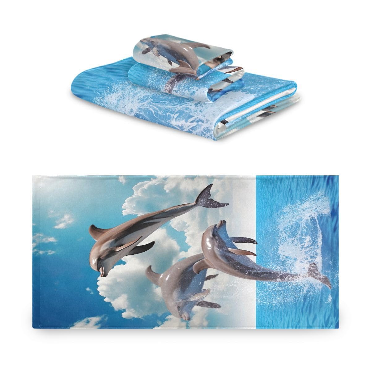 Nander Juego de toallas de algodón suave de 3 piezas, respetuoso con el medio ambiente, 1 toalla de baño, 1 toalla de mano, 1 paño de lavado, diseño de delfines saltando azul océano