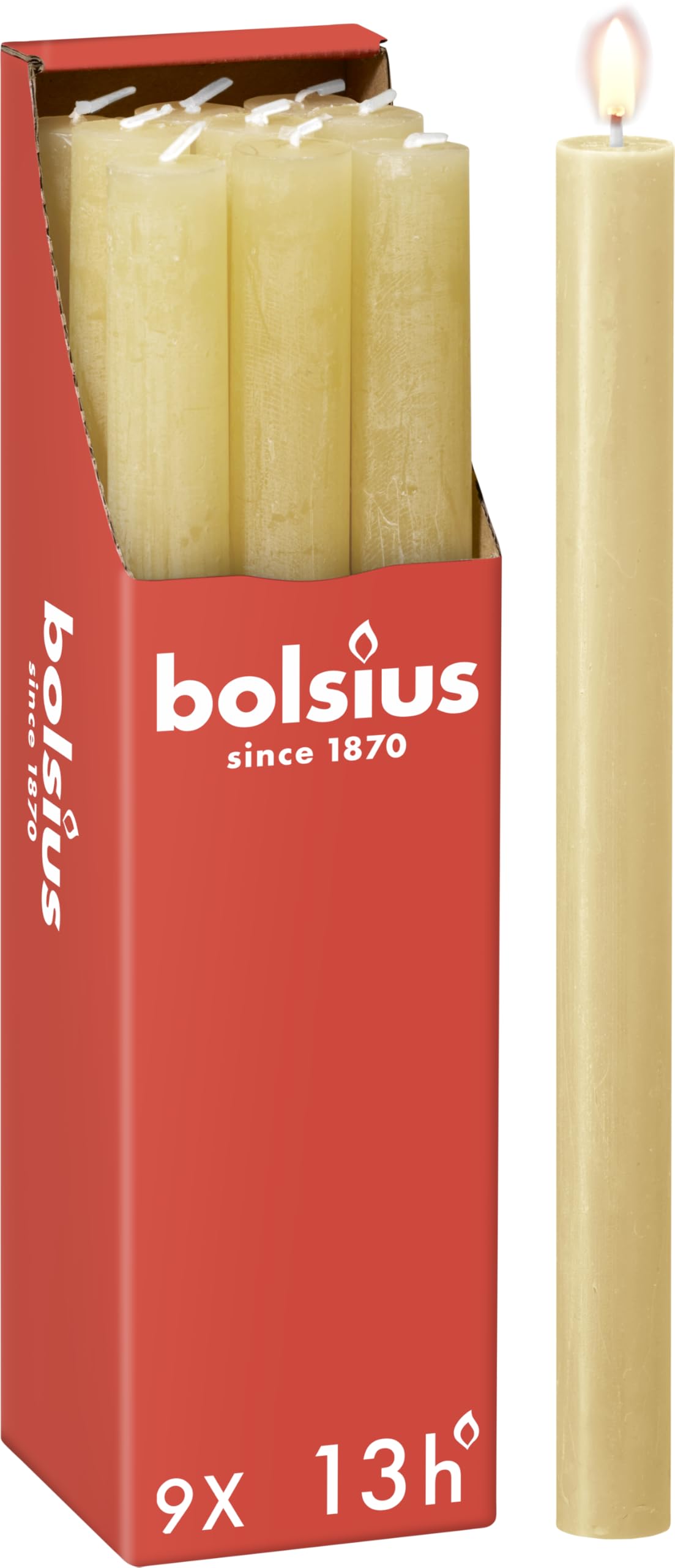 Bolsius Rustic Dinner Candles - Beige - Pack of 9 - Long Burning Time of 13 Hours - Household Candle - Interior Decoration - Unscented - Includes