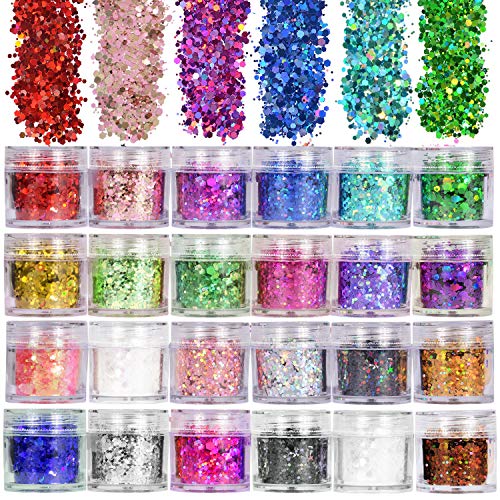 ANDERK Purpurinas Polvo, Chunky Glitter Flakes Paillette para Rostro Maquillaje de Ojos Cabello Body Art - 24 Cajas