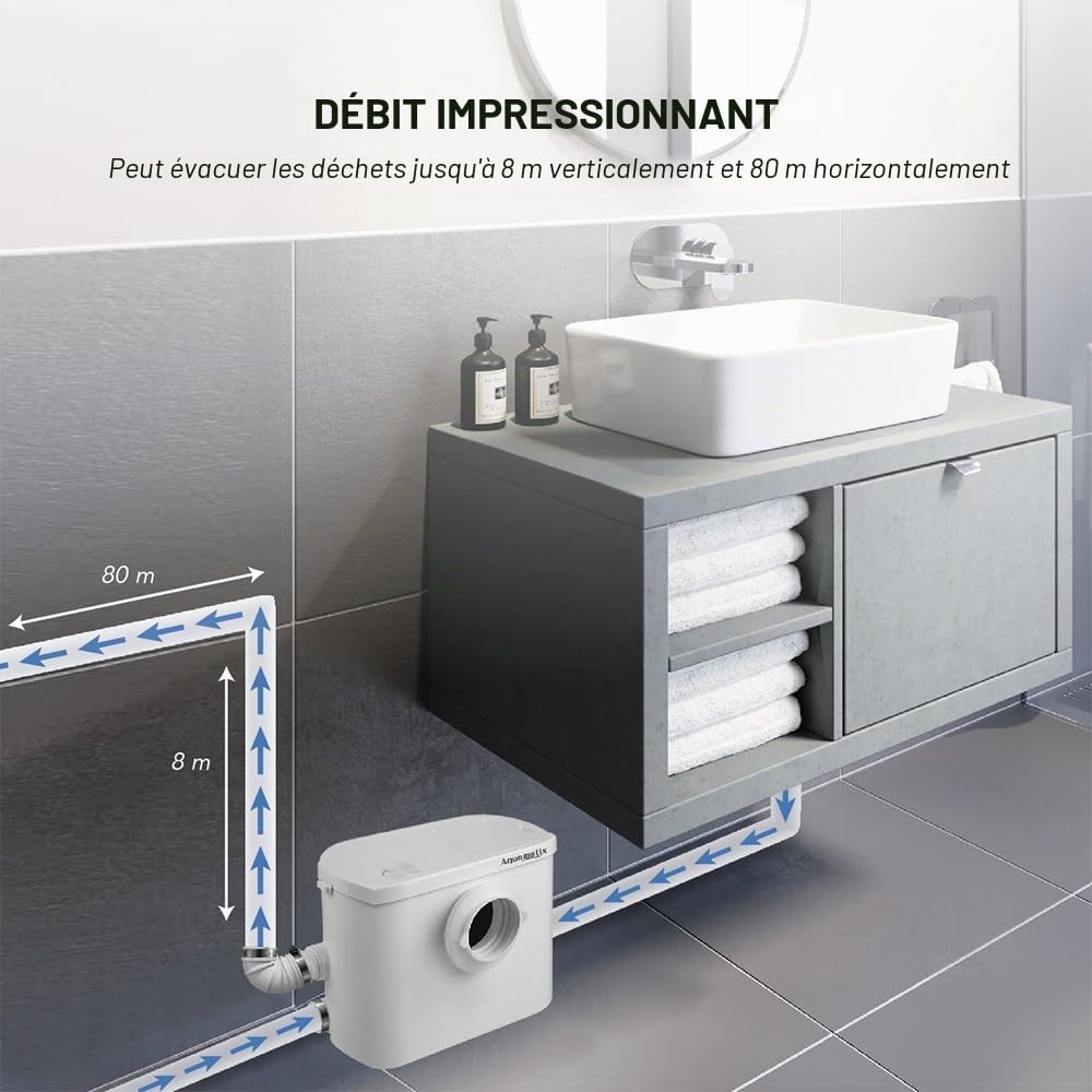 Aquamatix Silencio 3 Broyeur Sanitaire 400W Pompe de Relevage 145L/min Distance de pompage verticale de 8 m avec 3 entrées pour les toilettes, l'évier et la machine à laver, avec filtre à charbon