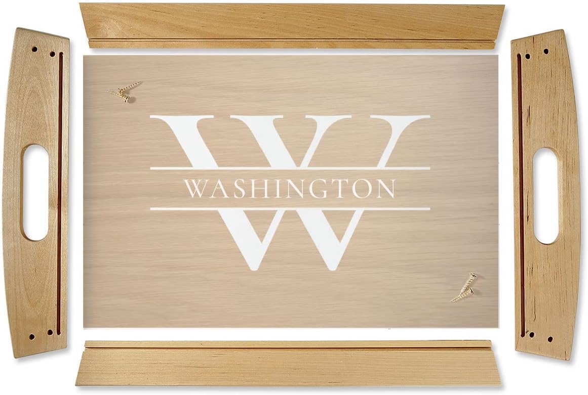 Initial & Last Name Natural Wood Serving Tray-1 1/4 X 11 3/4 X 17 1/2 Inches, Food & Drink Carry Tray, Ottoman Topper