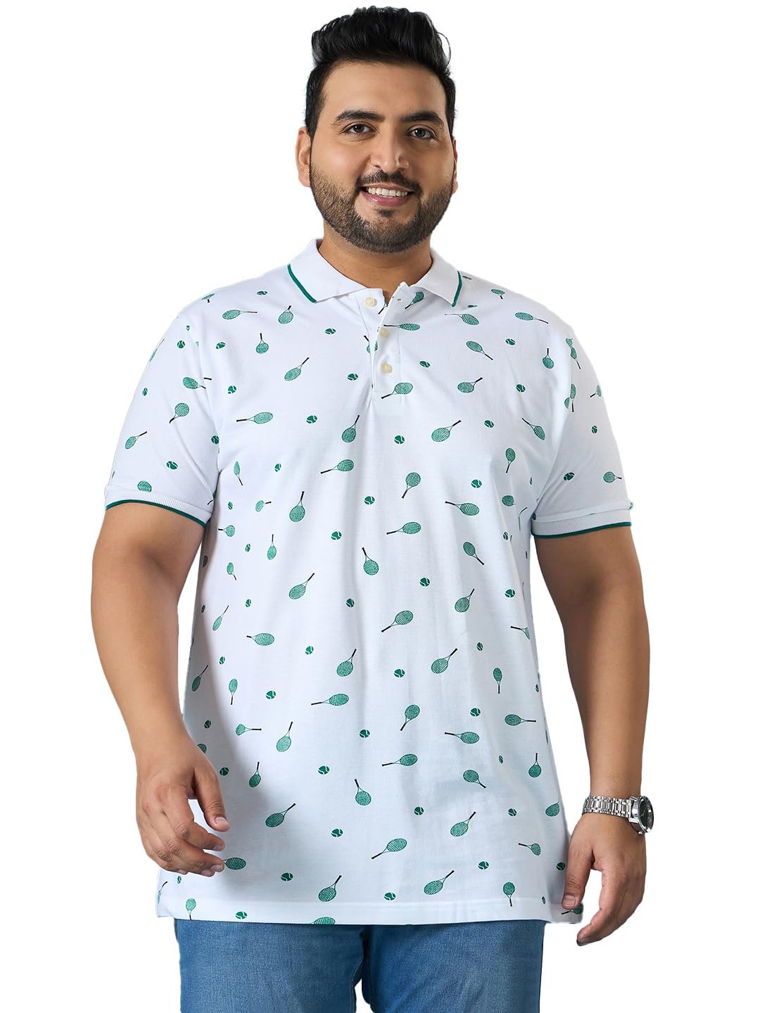 Men Plus Size Printed White Half Sleeve Polo Tshirt-image-16