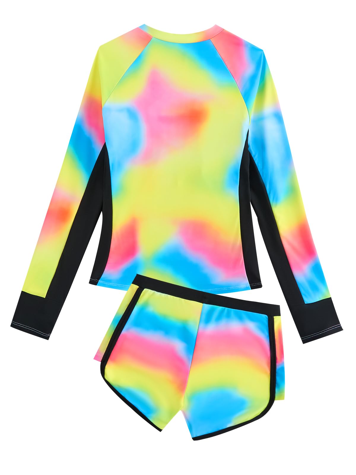 JiAmy Dziewczęcy kostium pływacki, 2-częściowy zestaw, ochrona przed promieniowaniem UV, długi rękaw, koszulki z szortami, tie-dye nadruk, kostium kąpielowy 7-13 lat