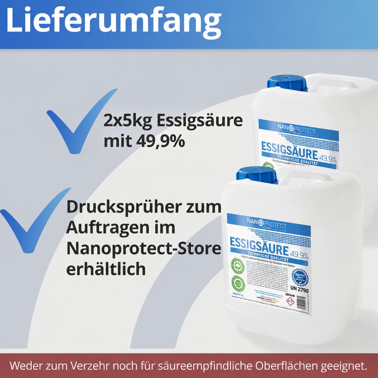 Nanoprotect Essigsäure 49,9% Klimaneutral - 10 kg | Ideal als Reiniger und Entkalker | Für Haus und Garten | Premium Qualität – Made in Germany