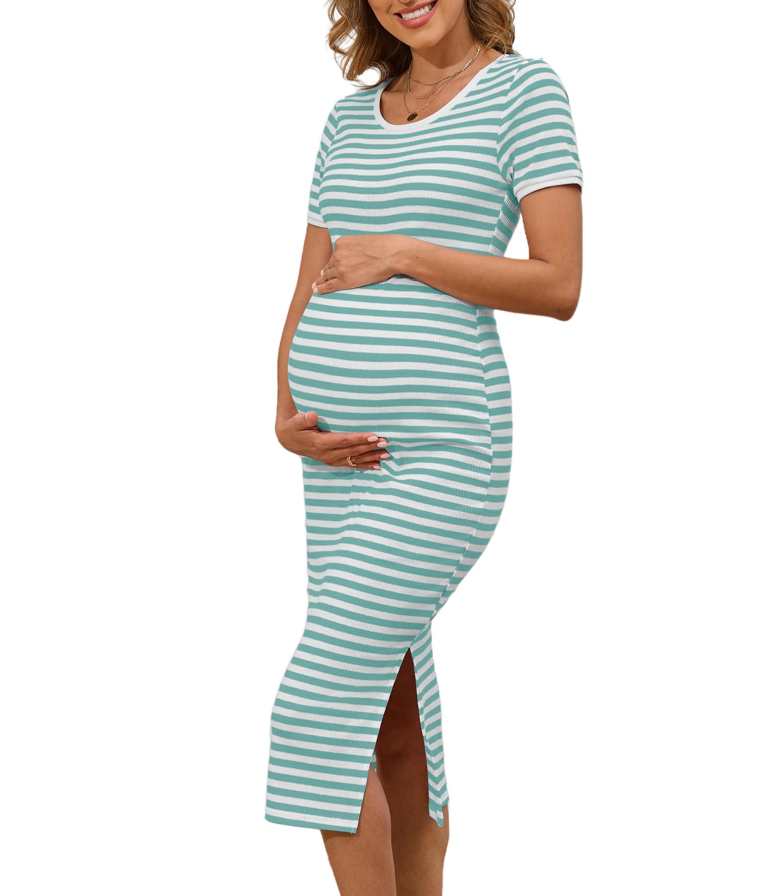 guruixu Crewneck Maternity Dress Ribbed Knit Short Sleeve Slim Fit Side Slit Bodycon Long Pregnancy Dress