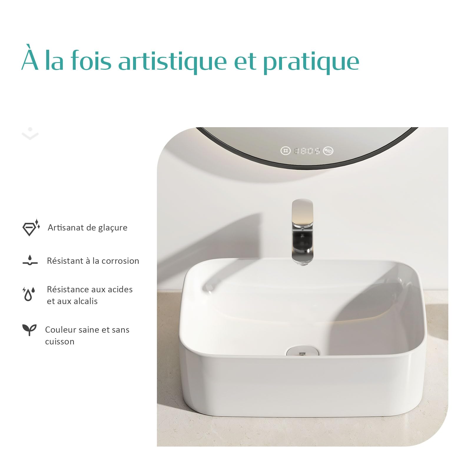 EMKE Lavabo à Poser Rectangulaire 61 × 38 × 15 cm, Vasque pour WC Invités, Bassin à poser en céramique pour lavabo, lavabo de salle de bain,Blanc