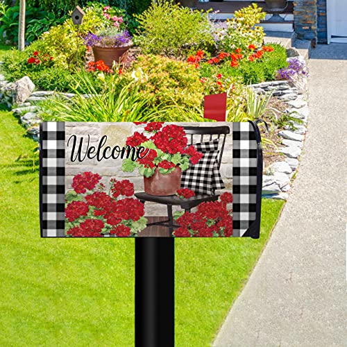 Image of Welcome Spring Geranium Flower Mailbox Cover Magnetic Standard Size 20.5 inch x 18 inch, Red Floral Buffalo Plaid Check Post Letter Box Wrap Decor Summer Farmhouse Garden Yard Outdoor Decoration