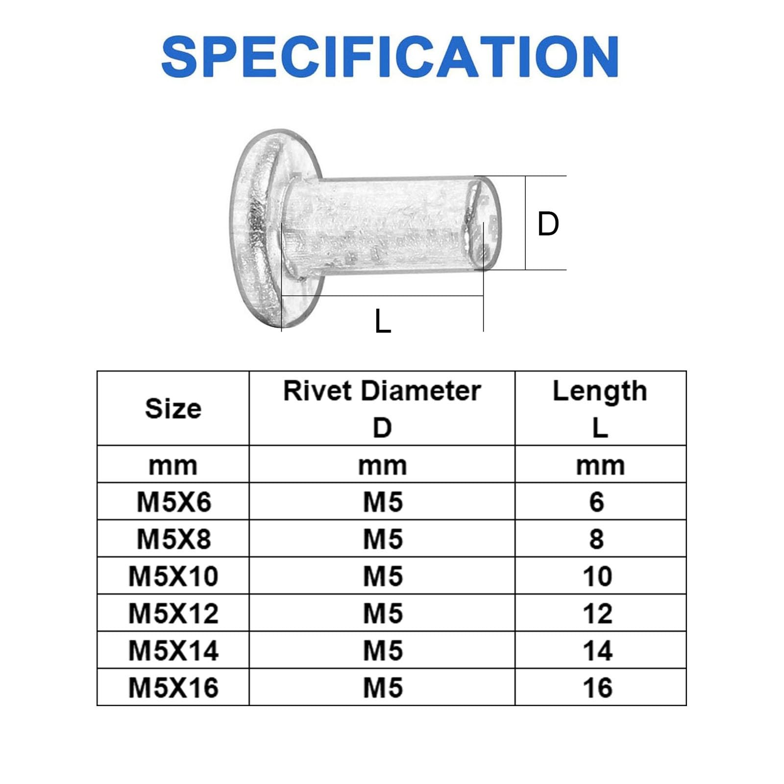 100 Pezzi Rivetti Solidi a Testa Piatta, Alluminio M5 Tondi Rivetti Solidi Tondi per Fai da te, Mobili, Plastica, Legno, Vetro, Gomma(M5X25mm)