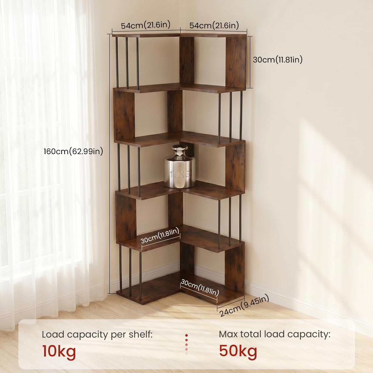 EGGREE Estantería Esquina L 5 estantes 160x54x54cm | Tableros MDF y estructura metálica negra, librería abierta para salón oficina dormitorio, vintage marrón