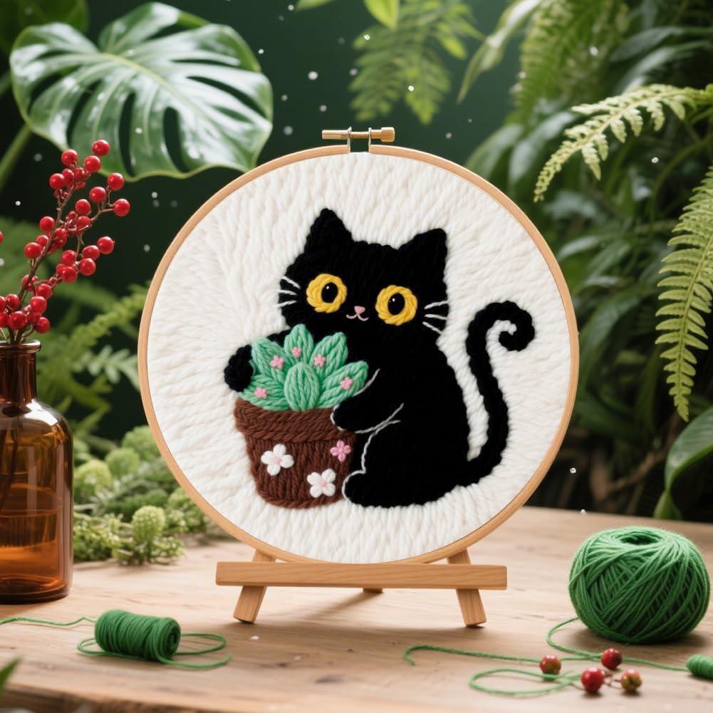 Beginner Punch Needle Kits - Cat & Potted Plant -6 Beginner Punch Needle Kits - Cat & Potted Plant -6