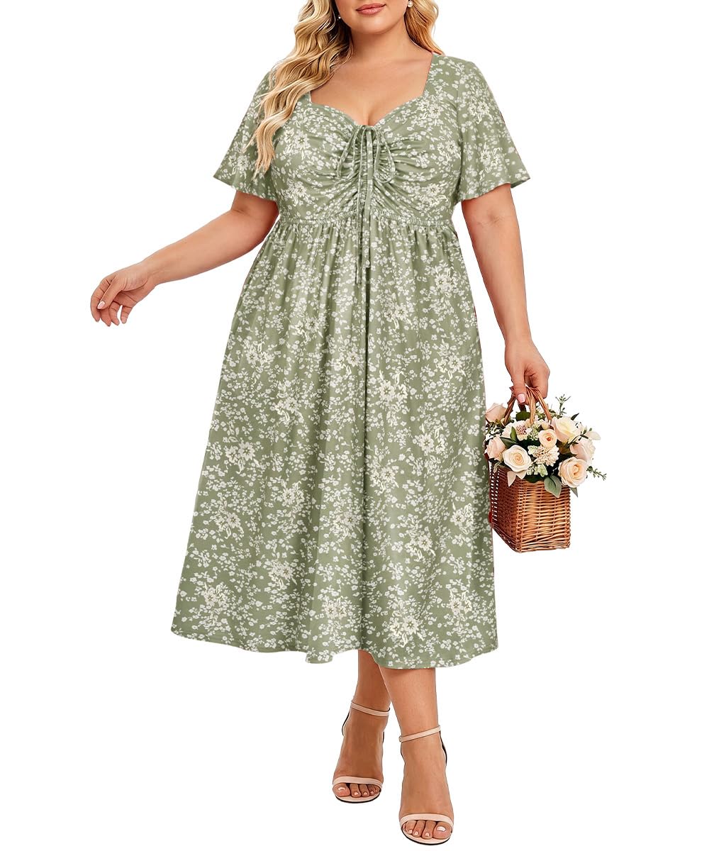 CARCOS Plus Size Dresses for Curvy Women Tie Sweetheart Neck Summer Maxi Dress Short Sleeve Empire Waist Floral Boho Dress
