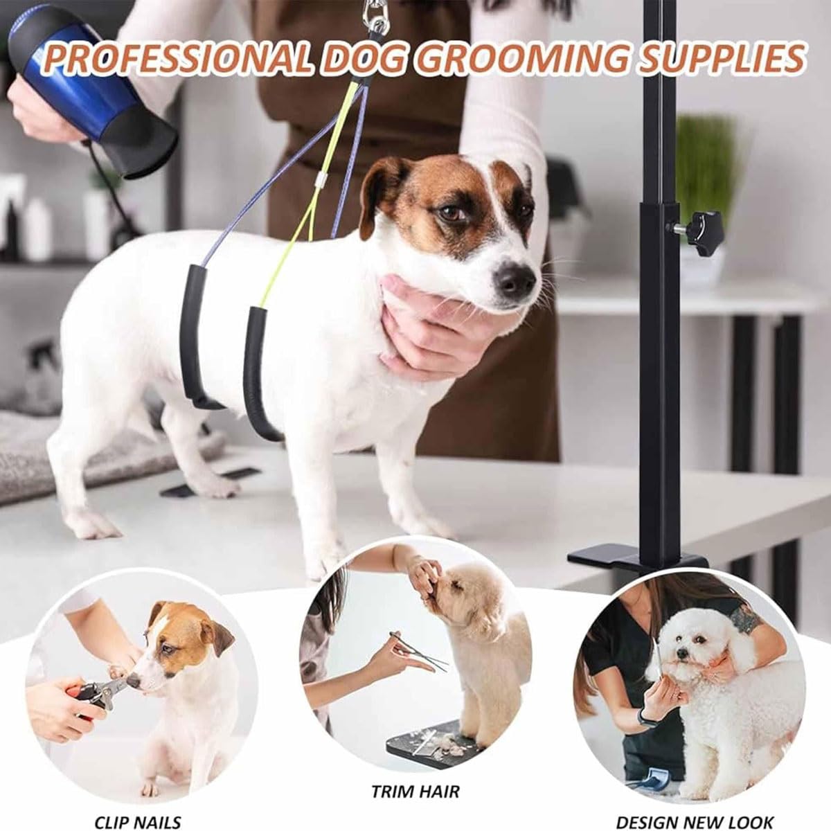 Genérico Brazo De Mesa De Aseo for Perros Ajustable, Brazo De Aseo for Perros con Abrazadera con Dos Soportes for Ancas Sin Sentarse Y Arnés De Hamaca, Suministros De Aseo for Mascotas Plegables